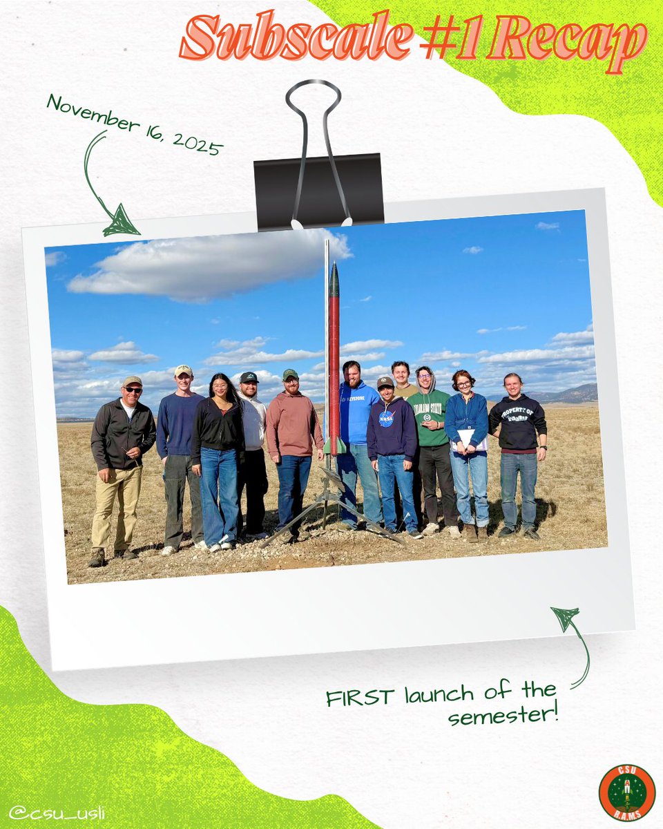 CSU_USLI's tweet image. 3…2…1… We have liftoff! 🚀 The team’s first subscale launch at Tripoli Launch Site in Hartsel, CO took to the sky! Look forward to our next launch soon! It’s time to learn from this rocket and get to work to improve the next one! Go R.A.M.S!

#USLI #StudentRocketry #CSU