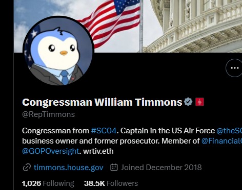 RoundtableSpace's tweet image. Someone in the U.S. Congress has switched their profile picture to a Pudgy Penguin.

should i change mine? 👀