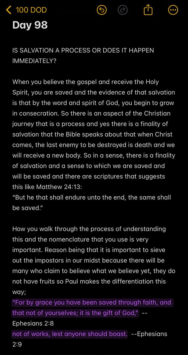 Modupeoluwa_D's tweet photo. #100DOD day 98… 
When you believe the gospel and receive the Holy Spirit, you are saved and the evidence of that salvation is that by the word and spirit of God, you begin to grow in consecration📌
.
.
.
#100DODNOTES 
#streaking https://t.co/Fh5uJxXtaM