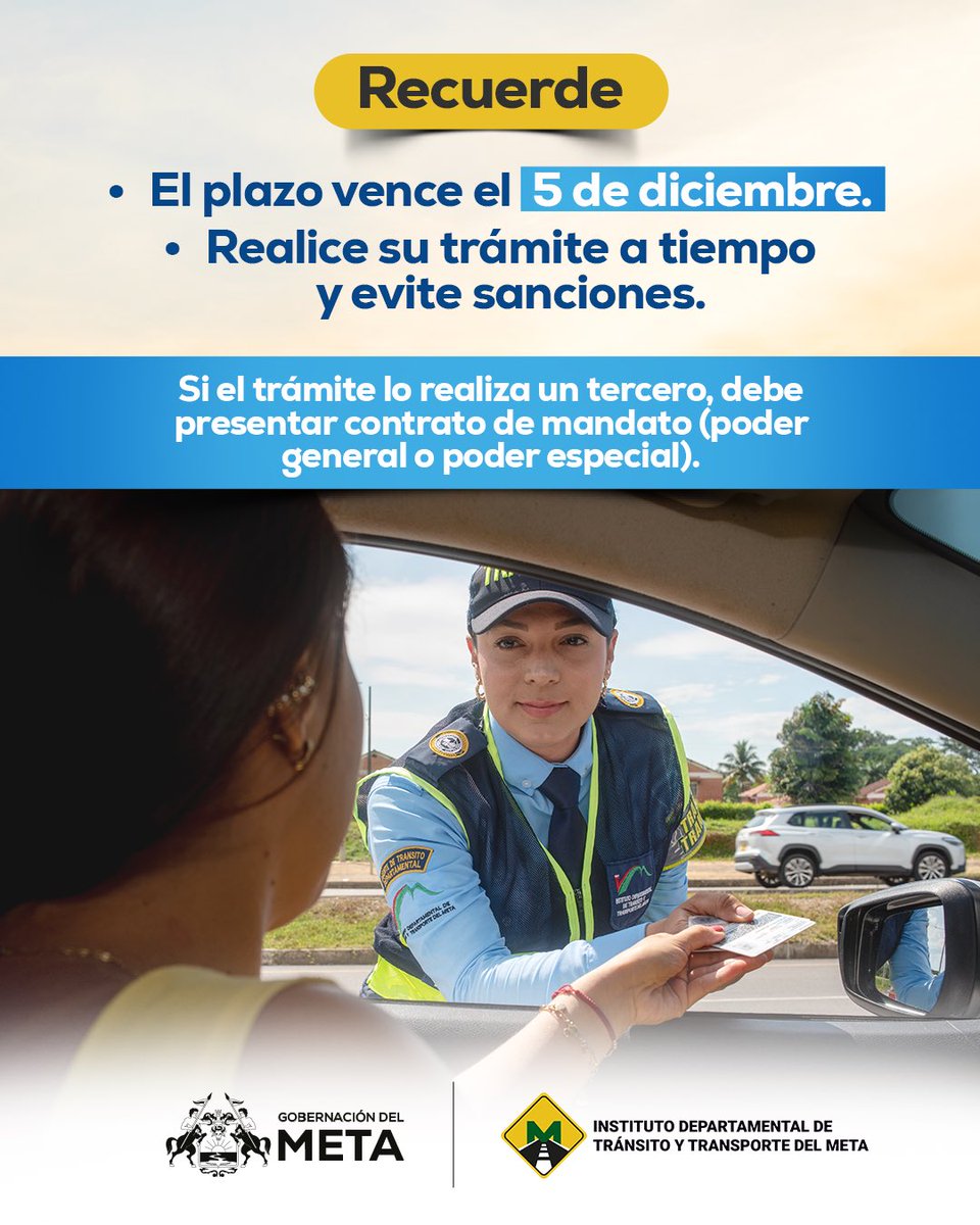 Acérquese a las oficinas de Tránsito Meta, complete los requisitos y realice el proceso a tiempo.
⚠️ No espere al último día. Evite comparendos y responsabilidades sobre un vehículo que ya no es suyo.