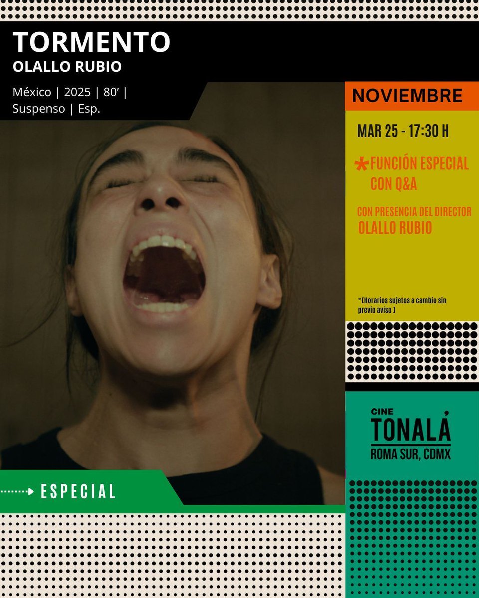 La oscuridad llega a Cine Tonalá…
🩸 TORMENTO – Proyección especial + Q&amp;A
🎙️ Con Olallo Rubio
 
Una guardia de seguridad.
Una morgue.
Una noche sin retorno.
 
🗓 Mar 25 nov — 17:30 h
🎞 México | 2025 | 80’ | Suspenso
🎟️ Boletos en cinetonala.mx