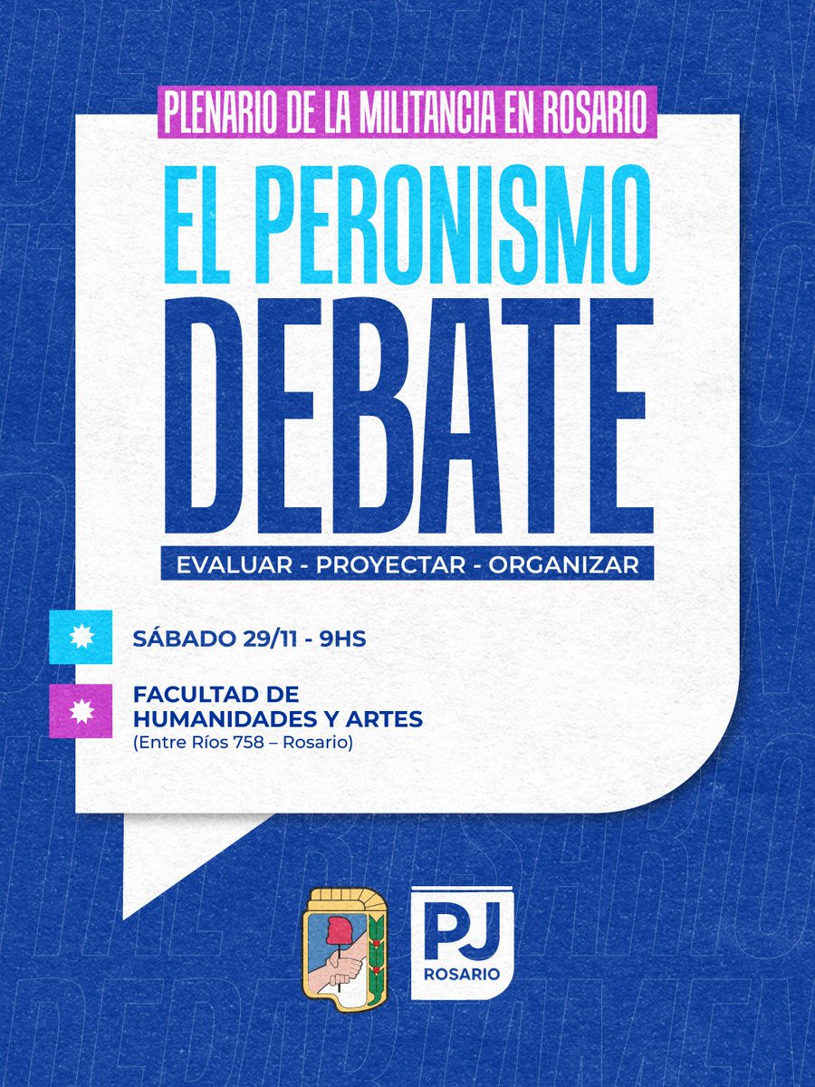 EL PERONISMO DEBATE 🇦🇷✌️

El sábado 29 de noviembre a las 9hs vamos a reunirnos en la  Facultad de Humanidades y Artes (UNR) en un plenario para debatir, pensar y proyectar juntos.

✍️ Inscribite en el formulario:
forms.gle/3oCL2ja8ha2NWW…

Sumate! Tu participación es importante!