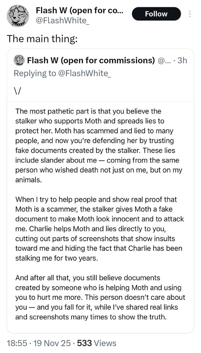 Can't take accountability, so you need to call all the evidence fake and slander. It's literally screenshots of your own bad behaviour  🤣

Also this account has nothing to do with Moth or Charlie. Not sure why their names keep getting dragged into it all