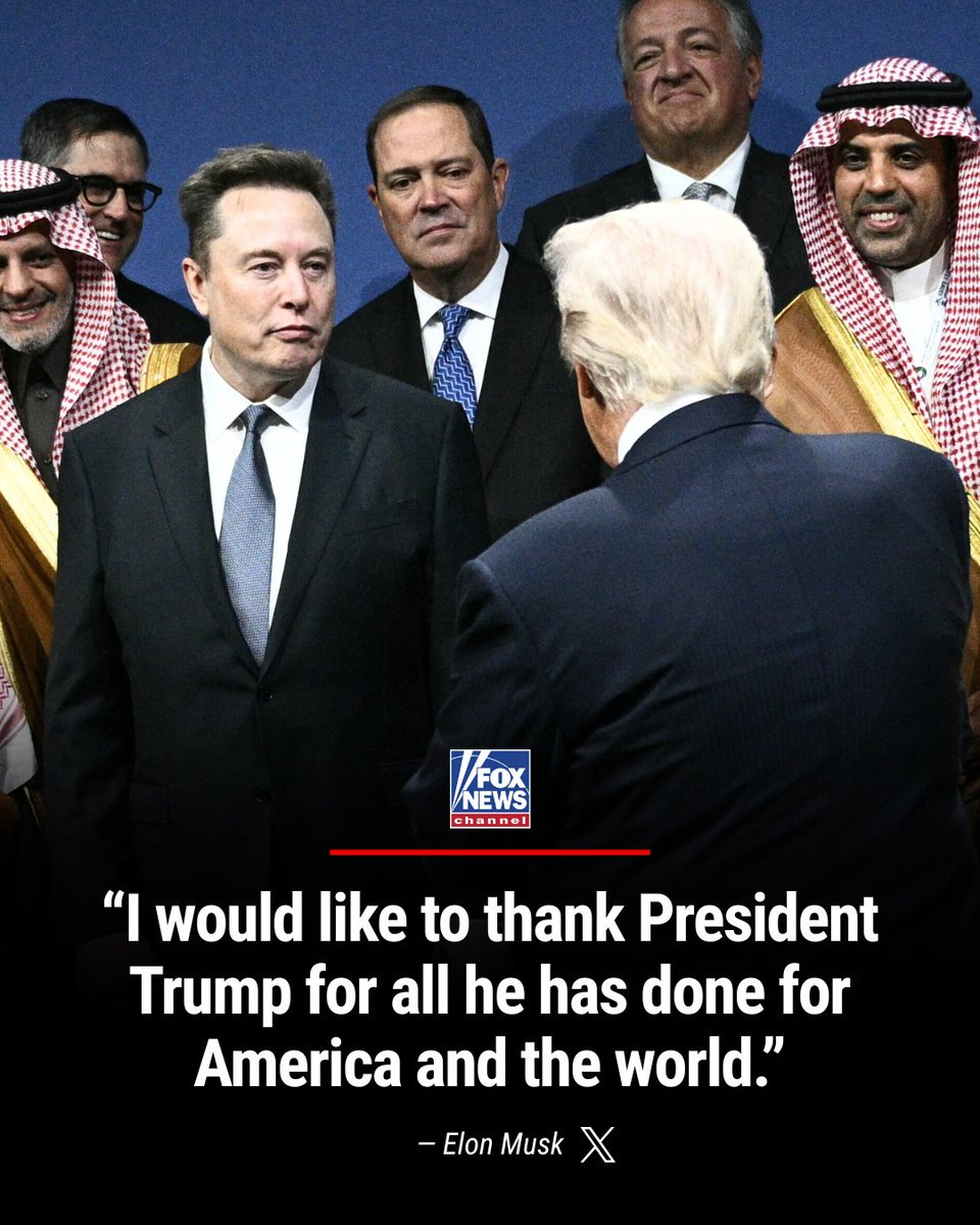 FoxNews's tweet image. BACK IN BUSINESS: Elon Musk thanked President Trump &quot;for all he has done for America&quot; after appearing alongside him, Saudi Crown Prince Mohammed bin Salman, and NVIDIA CEO Jensen Huang at the U.S.-Saudi Investment Forum in Washington, D.C.