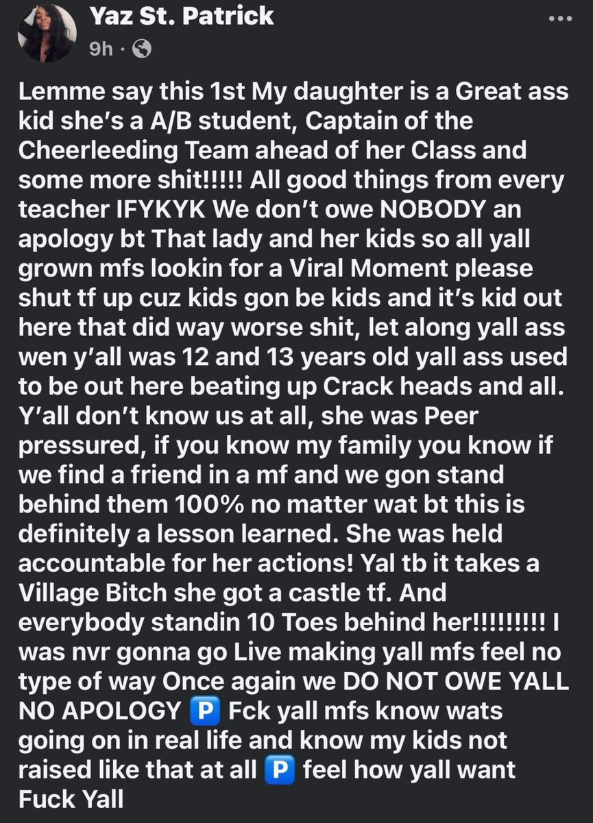 This right here is why daughters need their fathers. Too many mothers are failing their girls and raising them to believe there are no consequences. She doesn’t owe strangers an apology, fine. But trying to justify your daughter’s criminal behavior is exactly why she felt bold