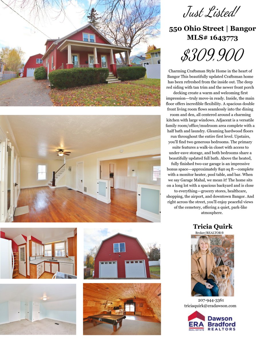 JUST LISTED!
550 Ohio St, Bangor — $309,900
🏡 2 BR | 1.5 BA
🌳 .14 in-town acres
🚗 Heated 2-car garage
📍 Great location + beautifully updated!

Don’t miss this one!
Contact Tricia Quirk — 207-944-3361