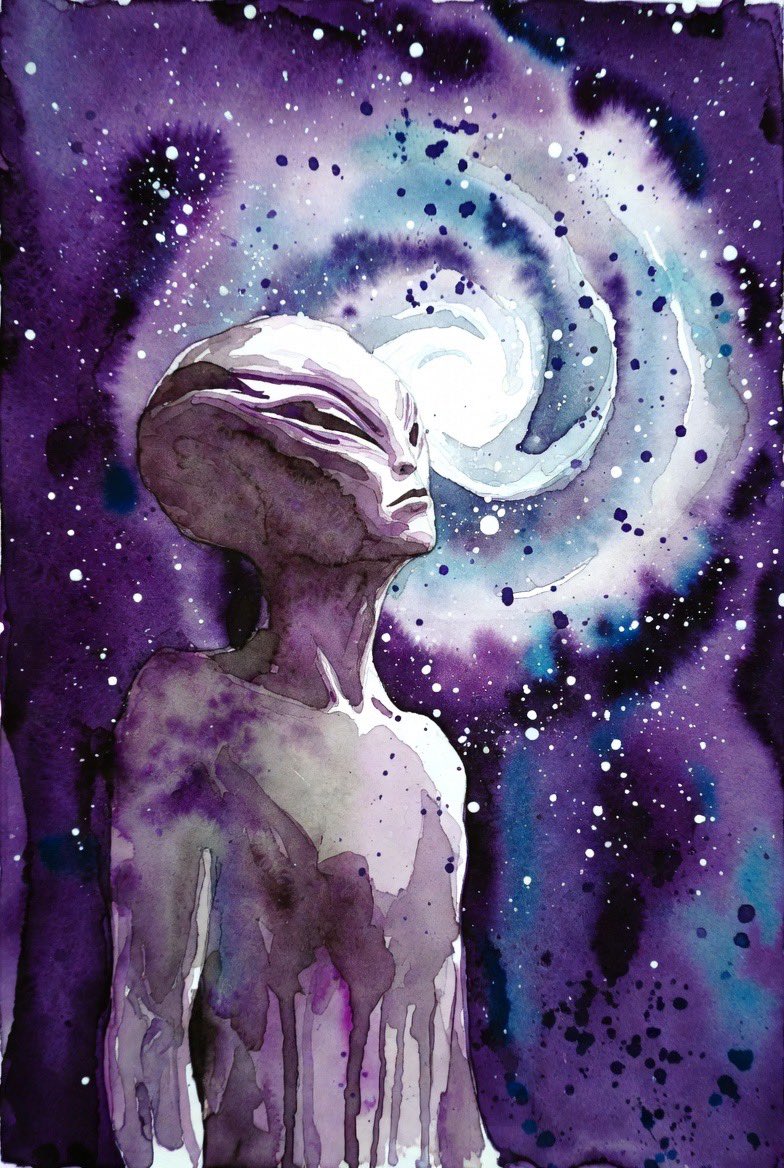 MetaverseCreate's tweet photo. Grok Imagine prompt:

A human-extraterrestrial with an elongated forehead stands in front of a spiral galaxy. Purple background with watercolor stars. Watercolors splattered and splashes. https://t.co/2bGsBxWEFz