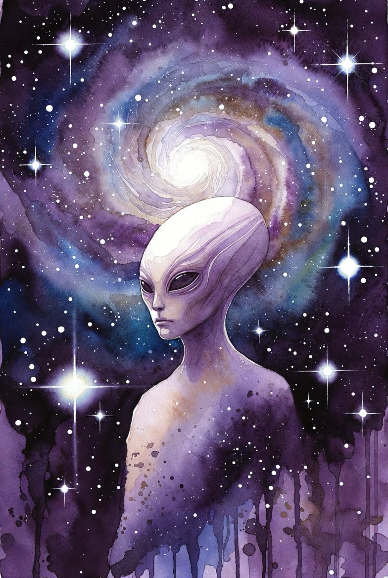 MetaverseCreate's tweet photo. Grok Imagine prompt:

A human-extraterrestrial with an elongated forehead stands in front of a spiral galaxy. Purple background with watercolor stars. Watercolors splattered and splashes. https://t.co/2bGsBxWEFz