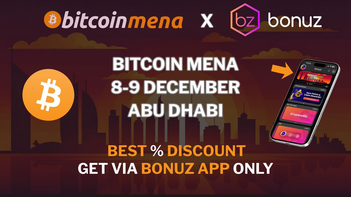 BonuzMarket's tweet image. Bitcoin MENA this 8–9 December in Abu Dhabi just got more affordable 👀 Only for bonuz users!

Buy your ticket via the bonuz app with the BEST DISCOUNT 🎟️
👉 Find the bitcoinmena link inside the Discovery section

bonuz is the world’s most user-friendly self-custodial bitcoin…