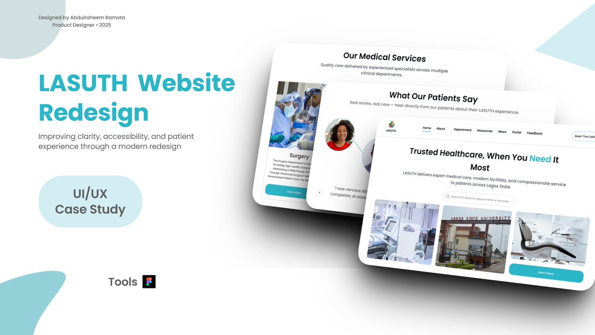 _opeyemi__'s tweet image. Just shared my LASUTH website redesign - cleaner, clearer, and more user-centered.
Full case study: behance.net/gallery/238919…

#UIDesign #UXCaseStudy #FigmaDesign #HealthcareUX #ProductDesign