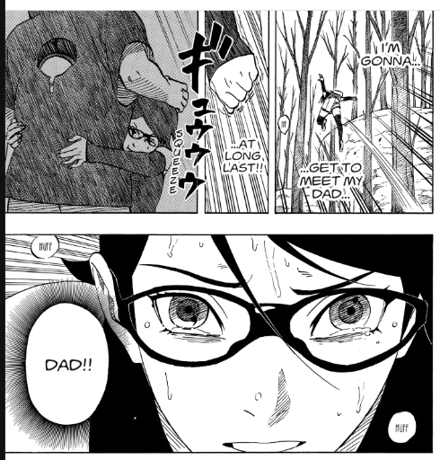 badgalsasuke2_0's tweet image. That&apos;s Sarada&apos;s imagination. What she hopes her first time meeting her father will be like (Sasuke embracing her). She literally says &quot;I&apos;m gonna get to meet my dad, at long last&quot;

Naruto &quot;fans&quot; read the manga challenge!!