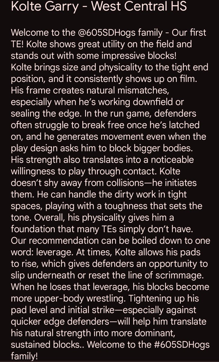 605SDHogs's tweet photo. Welcome to the #605SDHogs family, @KolteGarry! Thanks for your film submission - it was great watching you play this season! https://t.co/8IERtMqsNB @IndStFB @CSPBearsFB @SDCoyotesFB https://t.co/EEQm33w3h3