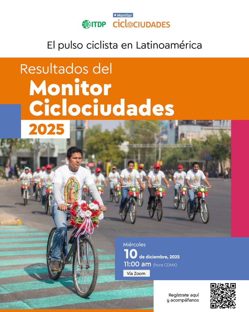 ITDPmx's tweet image. 📢 ¡La espera terminó! Llegan los resultados del Monitor #Ciclociudades 2025🚲 el próximo 🗓️ 10 de diciembre a las 11am ⏰.
▶️ itdp-org.zoom.us/webinar/regist…

Acompáñanos y entérate dónde avanza la infraestructura ciclista, qué países están marcando tendencia, ¡y más datos! 📊