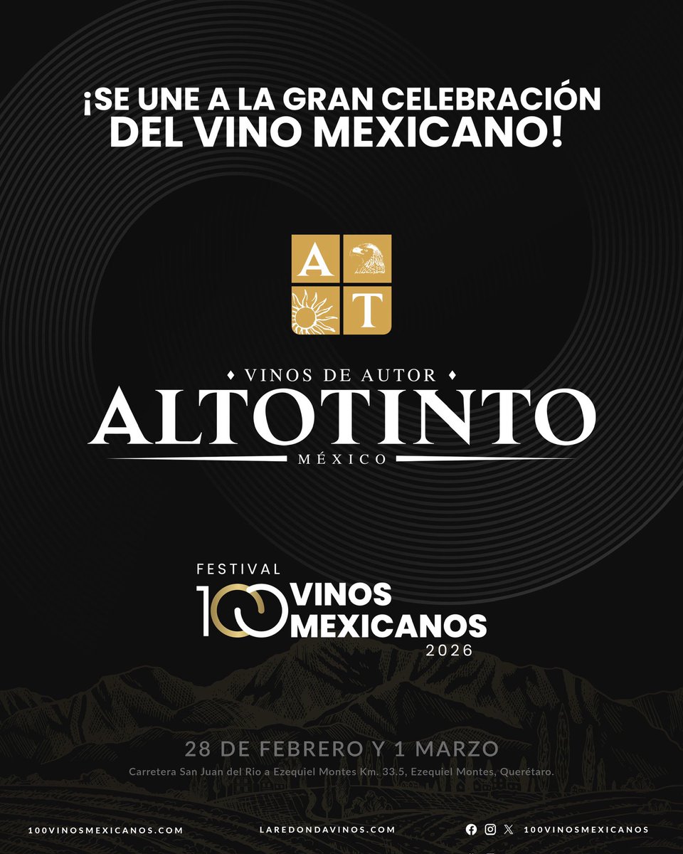 ¡Con mucho entusiasmo anunciamos que Altotinto formará parte del Festival 100 Vinos Mexicanos 🍷🇲🇽!
Nos vemos el 28 de febrero y 1 de marzo en Viñedos La Redonda, para celebrar juntos el sabor, la pasión y el orgullo del vino mexicano. 🍇

#vinomexicano #viñedoslaredonda