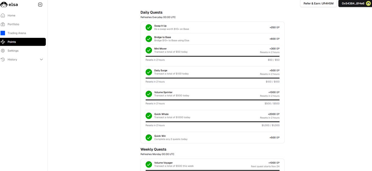 HeyElsa Why Is Good

Swap + bridge + level up can be handled in one UI/UX, 
eliminating the hassle of switching between multiple 
chains and protocols.

In particular, ‑ chain bridges are automated, greatly 
reducing gas costs and time.

Elsa scores are accumulated for each