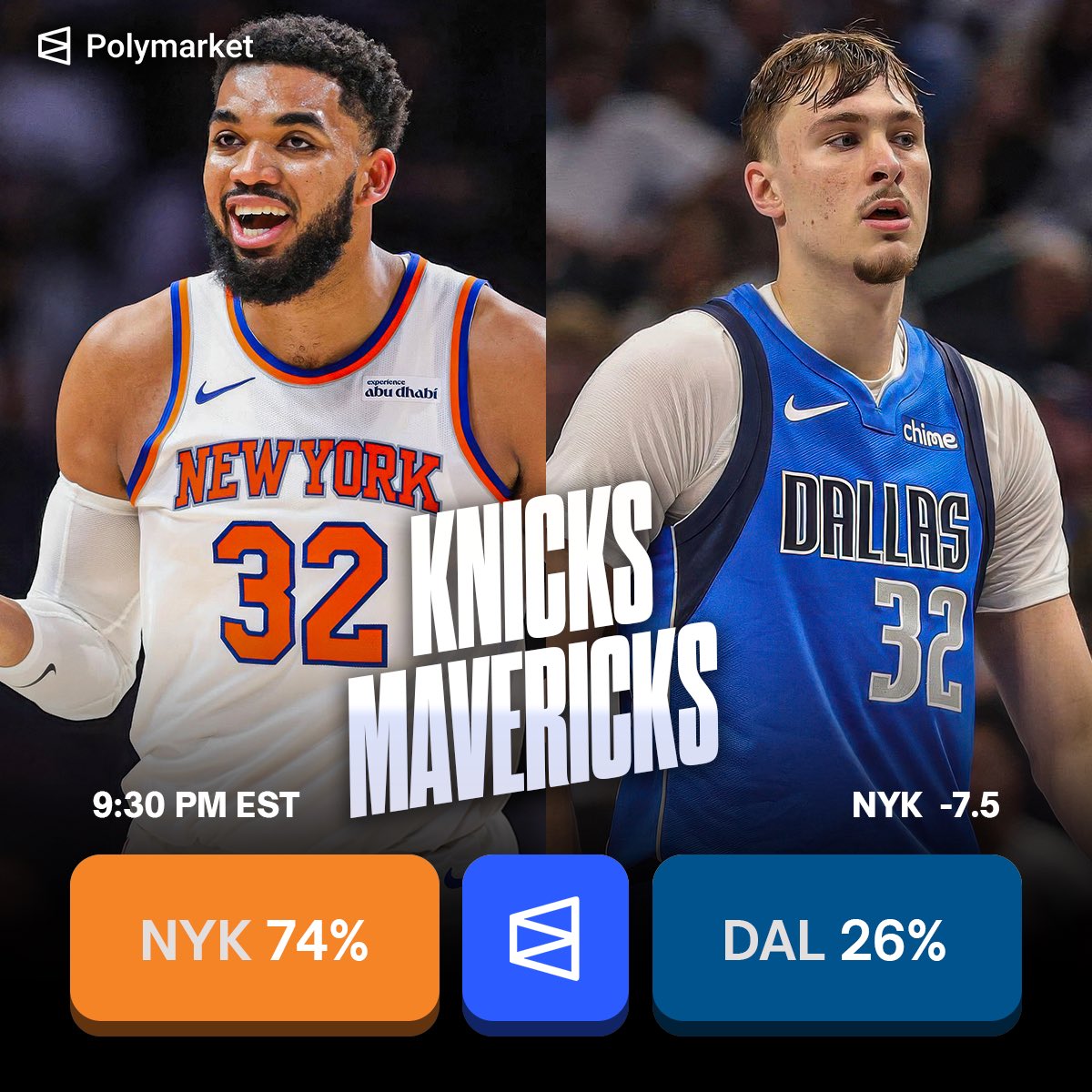 PolymarketSport's tweet image. The Mavs have had a ROUGH start to the year, but without Nico Harrison can they get back to a winning mindset tonight? 🤔🤔🤔

$100→$340 on Sportsbooks 🫤
$100→$356 on Polymarket 🥳