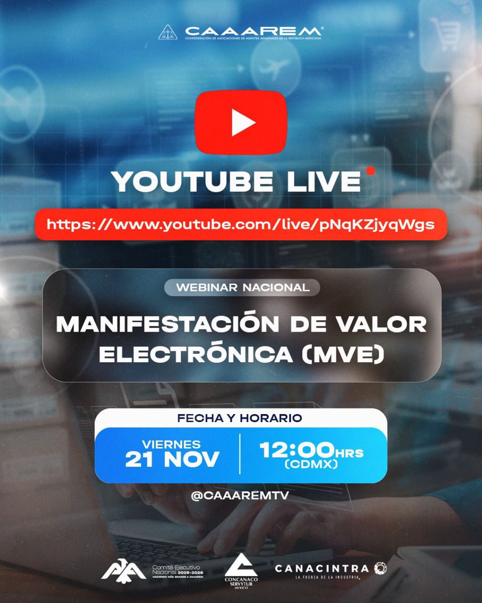 RDRLARIOS's tweet photo. Únete al webinar sin costo sobre la manifestación de valor electrónica @CAAAREM ahora por @YouTube https://t.co/Qc2fTyfIUr