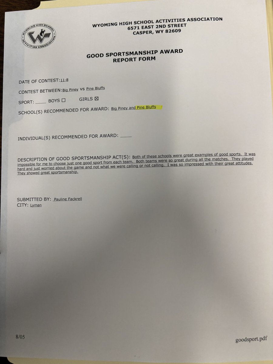 T_Sweeter's tweet image. Our HS girls volleyball team was recognized for their outstanding sportsmanship during the Big Piney game at state.  Great job ladies. #gohornets