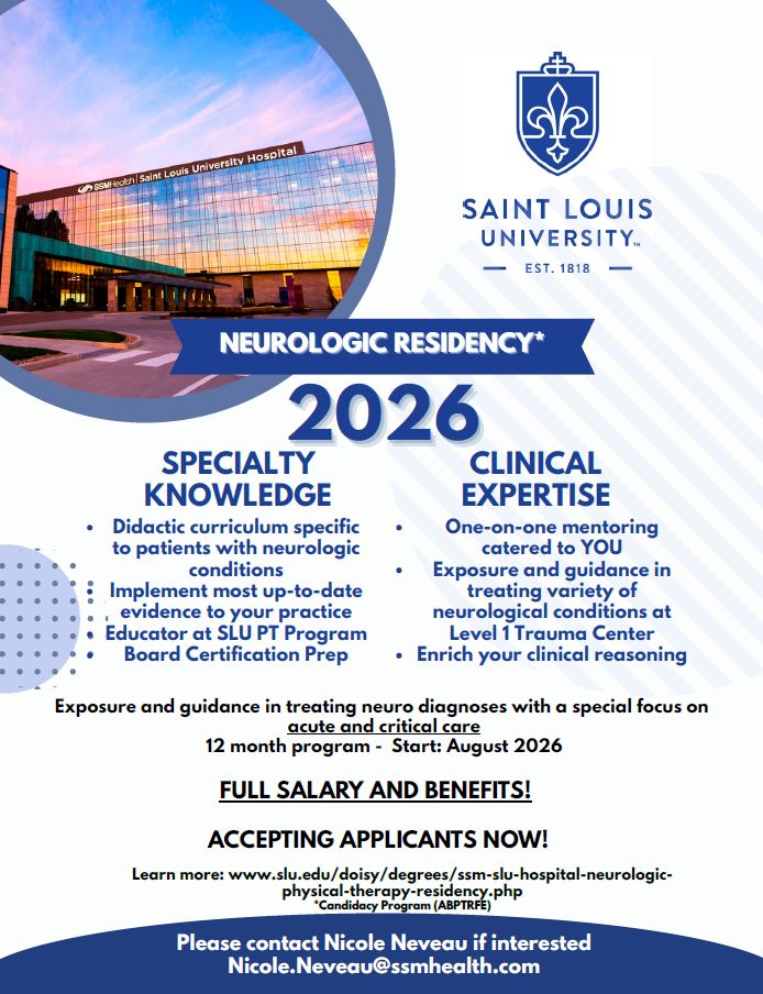 SSM Health SLU Hospital Neurologic Physical Therapy Residency is now accepting applicants! Gain specialty knowledge, clinical expertise, and one-on-one mentoring, all with full salary and benefits. 
Begins August 2026!
#SLUPT #ApplyToday #SSMHealthPT #PhysicalTherapy
