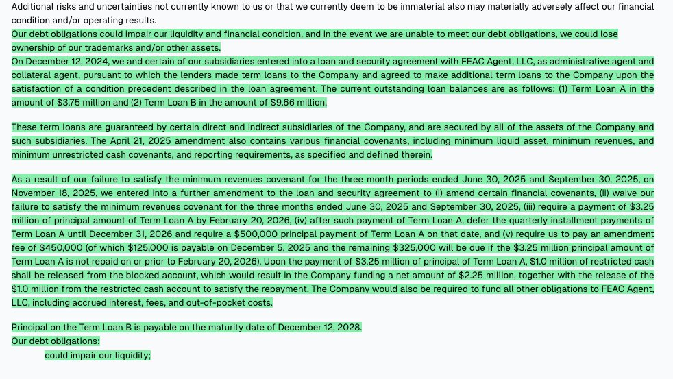 d__risk's tweet image. $XELB - XCel Brands, Inc. - 10Q - Updated Risk Factors

XELB flags new risks tied to $13.41M in term loans, including liquidity strain, covenant breaches, potential defaults, asset loss, accelerated debt, and possible equity dilution. #ConsumerGoods #EquityDilution #DebtCovenants…