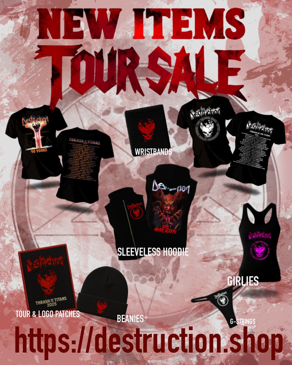 destruction's tweet image. TOURSALE IN OUR SHOP! 

We have heard your call: we have finally managed to get all this years tour memorabilia in our online store now.
Please note that lot’s of stuff is limited in sizes and numbers, first come, first serve! 🤘😃

Check it out here : destruction.shop