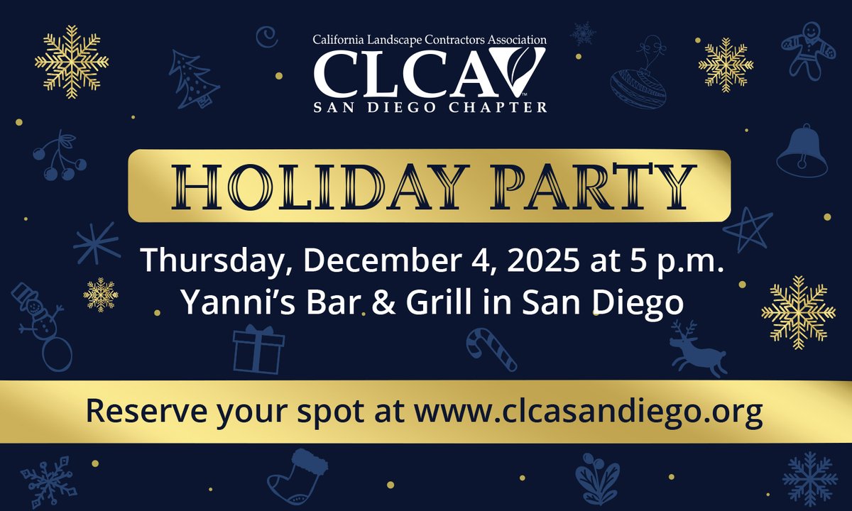 clcasd's tweet photo. Ring in the holidays with your green industry friends at the CLCA SD Holiday Party. Register TODAY to join us at Yanni's Bar &amp; Grill in San Diego for flavorful cuisine and great company in a festive atmosphere. Price increases after Nov. 20. Register at: https://t.co/2ciGfZCzjz https://t.co/IzlBJhc1Vb