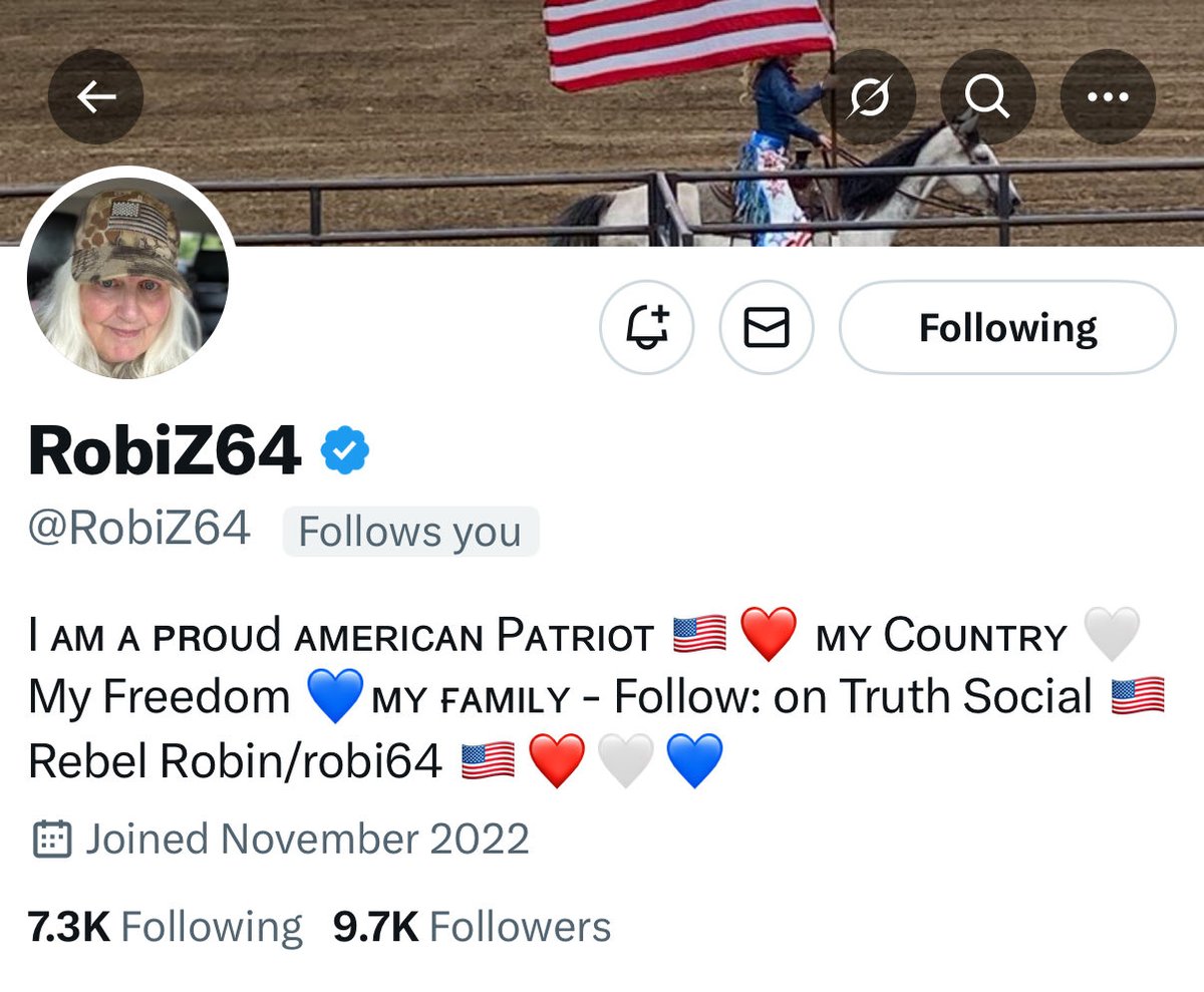 AustinConserve's tweet image. Friends - can we help my friend Robi meet some more patriots?

@RobiZ64 🇺🇸🇺🇸🇺🇸

Robi is MAGA through and through! 

She’s so close to 10,000! Y’all want to help her get to that milestone? 🇺🇸😎