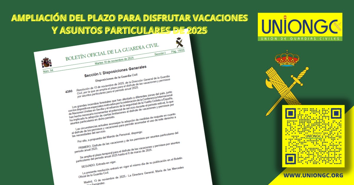 UnionGC's tweet photo. Ampliación del plazo para el disfrute de vacaciones y asuntos particulares del año 2025 🧳

Toda la información en nuestra web 👇

https://t.co/xfoxmGZPDq

#GuardiaCivil #vacaciones #asuntosparticulares #permisos https://t.co/HCm9Yw8Ipl