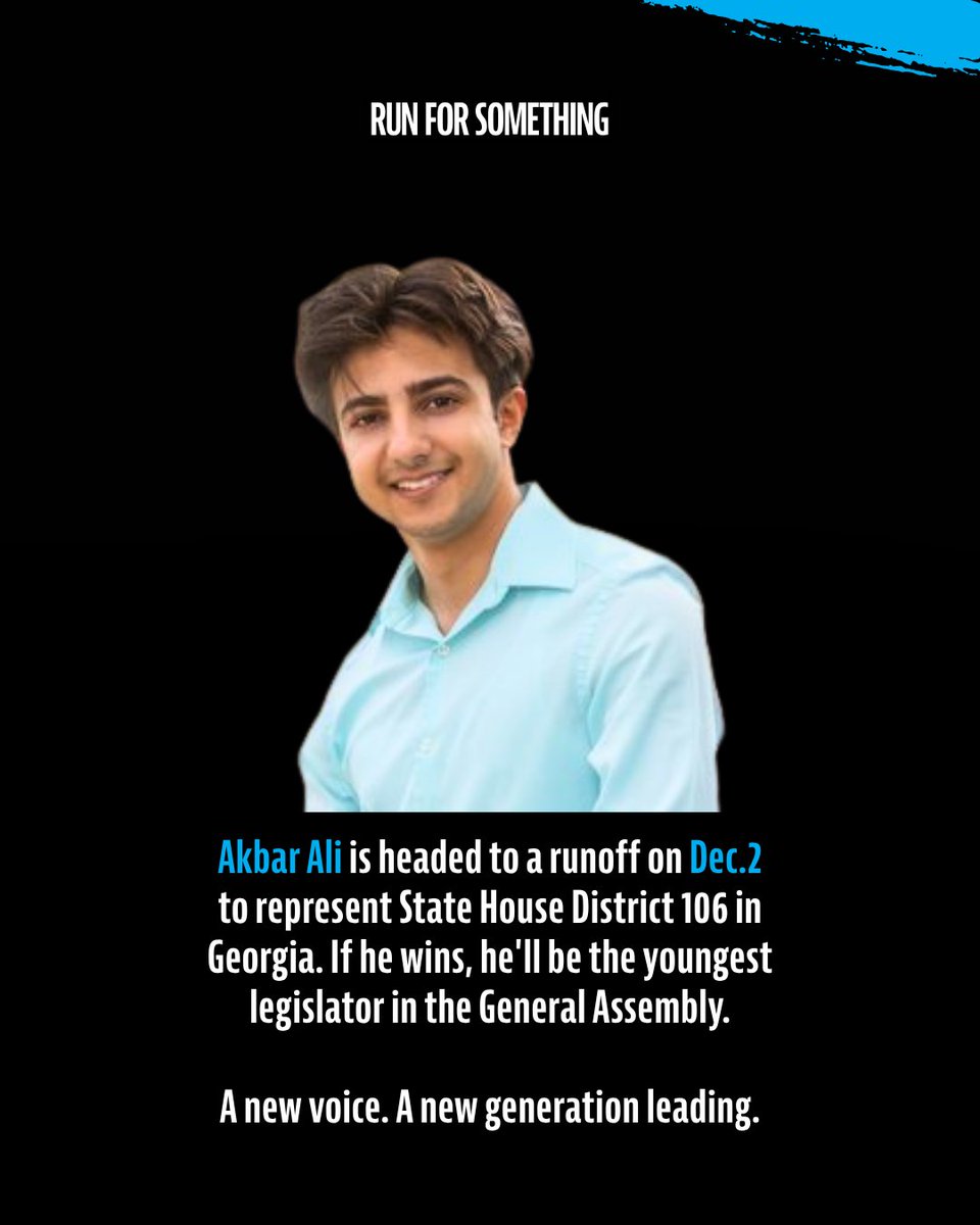 runforsomething's tweet image. Akbar Ali made the runoff in GA and would be the youngest person serving in the General Assembly if elected. Voters are ready for new energy and fresh leadership. Gen Z, it’s your turn.

bit.ly/4oQydS3
