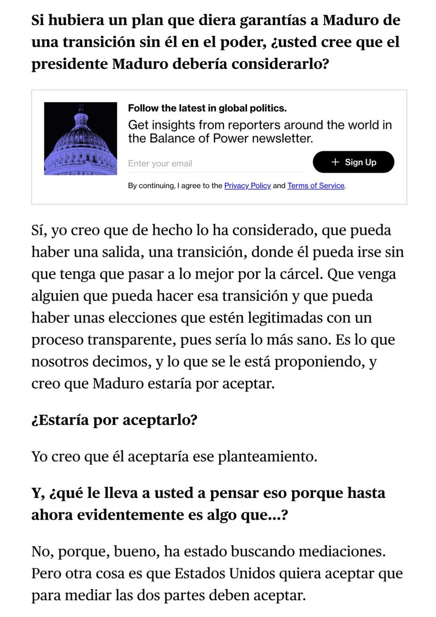 Gbastidas's tweet image. 🔴 Canciller de Colombia dice que Maduro “ha considerado que pueda haber una salida, una transición, donde él pueda irse sin que tenga que pasar por la cárcel”

“Creo que Maduro estaría por aceptar”, afirma. bloomberg.com/news/articles/…