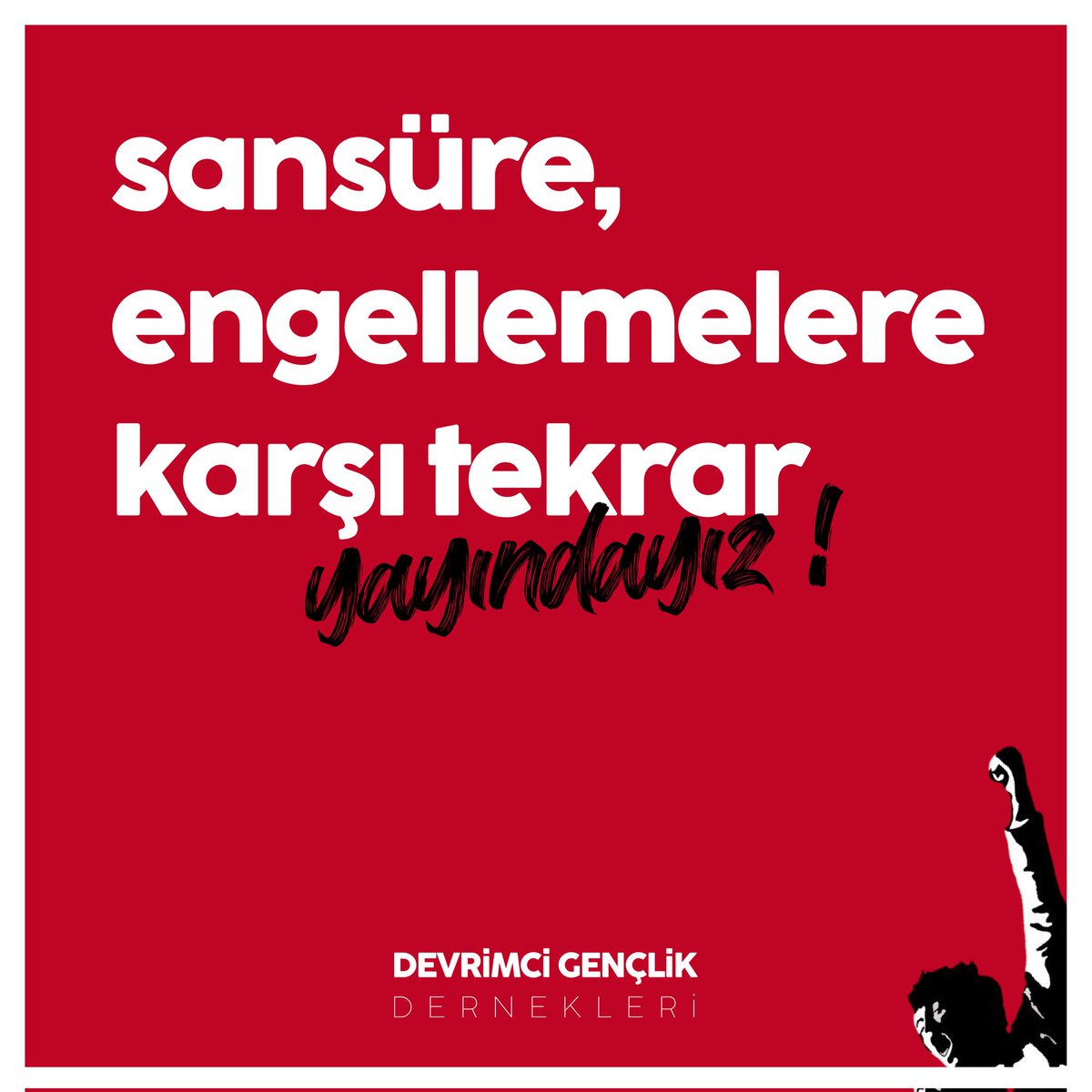 DgdKaradeniz25's tweet photo. ⚠️Erişim engeli  getirilen Karadeniz Devrimci Gençlik Dernekleri hesabımız tekrar yayında!

🚩 Sansüre karşı hesabımızı takip etmeye ve destek vermeye çağırıyoruz.
https://t.co/4sc5EDgmZ7 https://t.co/P6K3WwIyGk