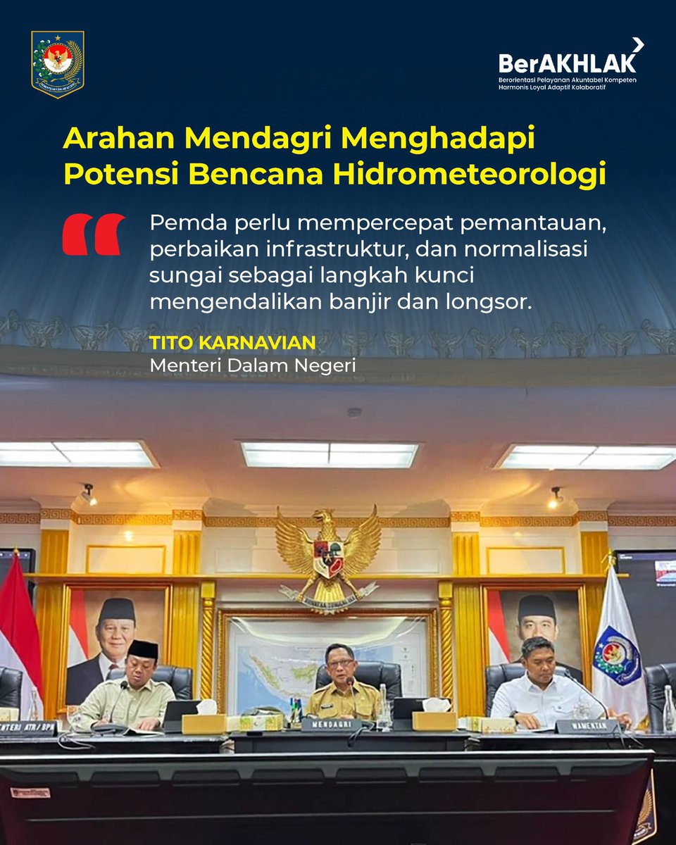 orientasi_id's tweet image. Mendagri @titokarnavian_ mengarahkan, percepat perbaikan infrastruktur dan normalisasi sungai. Ancaman curah hujan tinggi adalah BANJIR. 

#hidrometeorologi #yukgasss