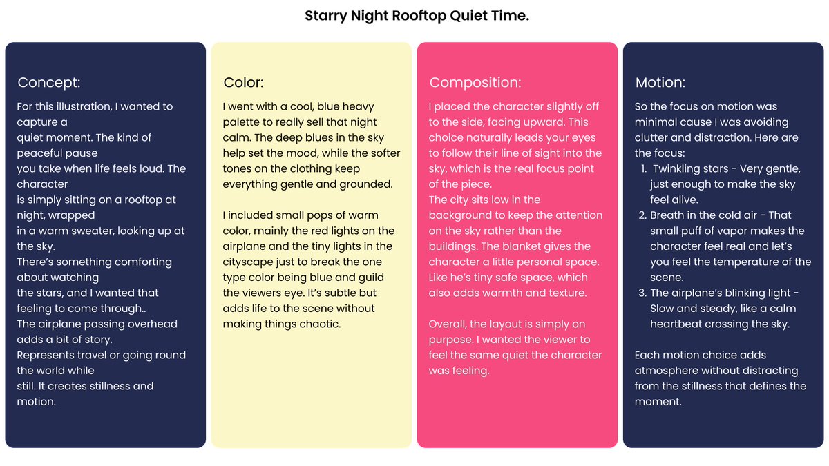 Deavvine's tweet image. Starry Night Rooftop Quiet Time-Final piece for our 3-illustration challenge
Tried out star twinkles, breath vapor + a slow aircraft light
Applied a lot of what I learned from @itsbimbooni 

@Joe_brendan_  @devanddesignhq and @LindaJo0812 

#illustration #motiondesign #DigitalArt