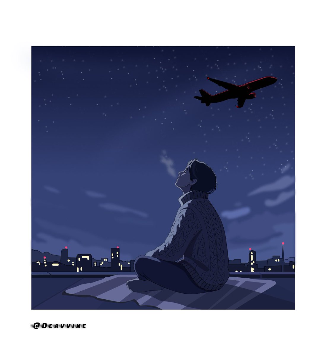 Deavvine's tweet image. Starry Night Rooftop Quiet Time-Final piece for our 3-illustration challenge
Tried out star twinkles, breath vapor + a slow aircraft light
Applied a lot of what I learned from @itsbimbooni 

@Joe_brendan_  @devanddesignhq and @LindaJo0812 

#illustration #motiondesign #DigitalArt