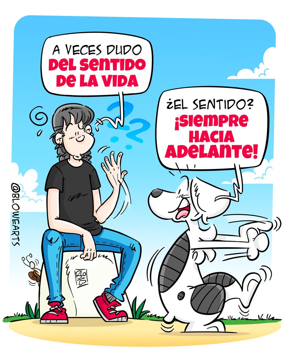 Este Lico 🥰 Siempre tiene razón. Y el sentido, aunque hayan multitud de direcciones, es siempre ADELANTE. Y además, sin pararse mucho, que tiene prisa! 😂😂😂😂 (Lico, bueno, y la #Vida)
*Reedición de viñeta.

#Blowearts #LicoElPerro #Humor #comics #Risa #Ilustracion #Dibujo