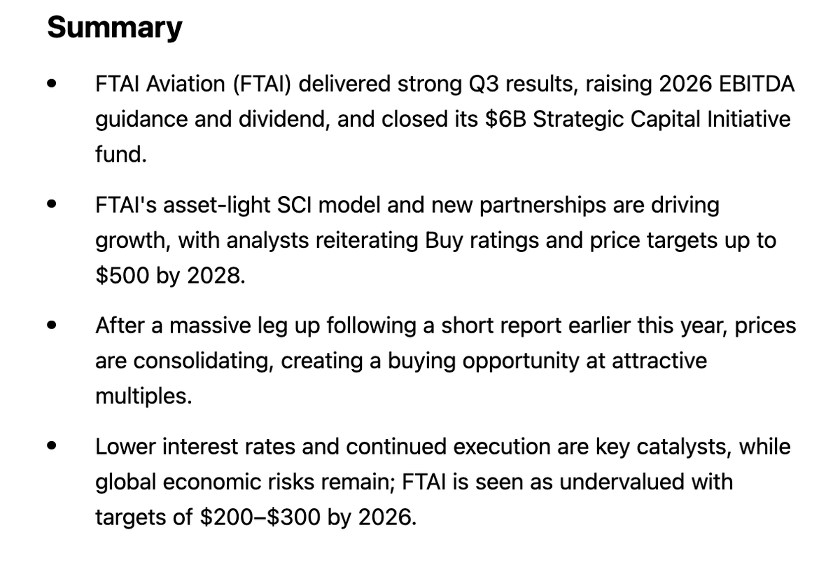 Multiple positives support $FTAI Aviation
Strong earnings report 
2026 adj. EBITDA guidance raised to $1.525B fr $1.4B 
(small) dividend +16%
Guided 33% increase in 2026 free cash flow to $1B
Closed $6B strategic capital initiative - 2x initial goal
 seekingalpha.com/article/484579…