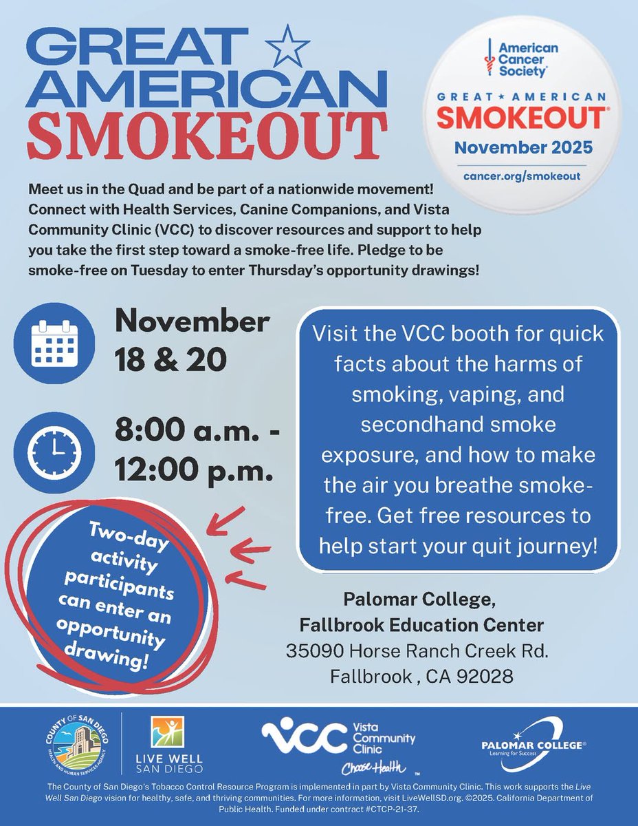 Join us for Day 2 of the Great American Smokeout at Palomar College Fallbrook! 🌟 Meet Kipp, the Therapy Dog! 🐾 Get free tips &amp; support to quit smoking! 💪 Date: Nov 20, 8 AM - 12 PM. Together for a smoke-free life! #GreatAmericanSmokeout