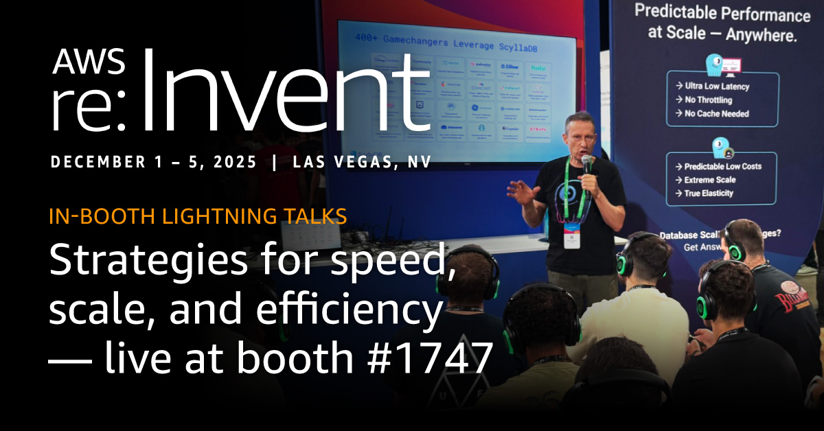ScyllaDB's tweet image. In addition to a session on how SAS and Freshworks power real-time personalization, we will host lightning talks at our in-booth theatre. Stop by Booth 1747 for quick, but informative talks on database performance challenges. ow.ly/PbW250XunvK

#ScyllaDB #AWSreInvent
