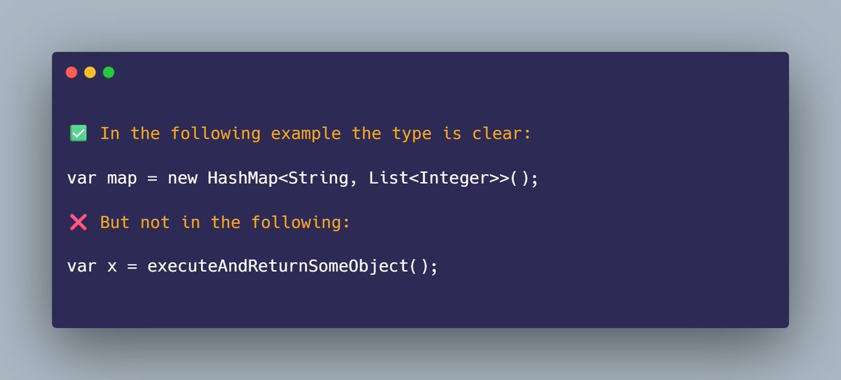 mario_casari's tweet image. 💡 Java tip: Use var for local variables only when the type is obvious from the right-hand side or when the generic type is too verbose.
#Java #SoftwareDevelopers