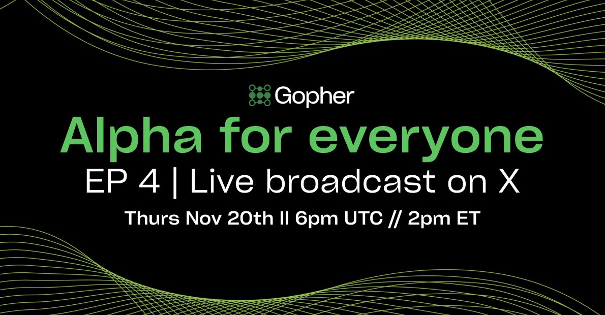 gopher_ai's tweet image. Alpha for Everyone EP 4 📺
▶️ LIVE Broadcast on X

Tune in 👇
→ The $1-billion case for $GOAI
→ AI agent auto-trader update
→ What&apos;s next for Gopher
+ PURE ALPHA 📈

🗓️ Thurs, Nov 20th @ 6PM UTC // 2PM ET
🎙   Hosted by @BrendanPlayford &amp;amp; @AmateoRa 

LFGopher 🔥