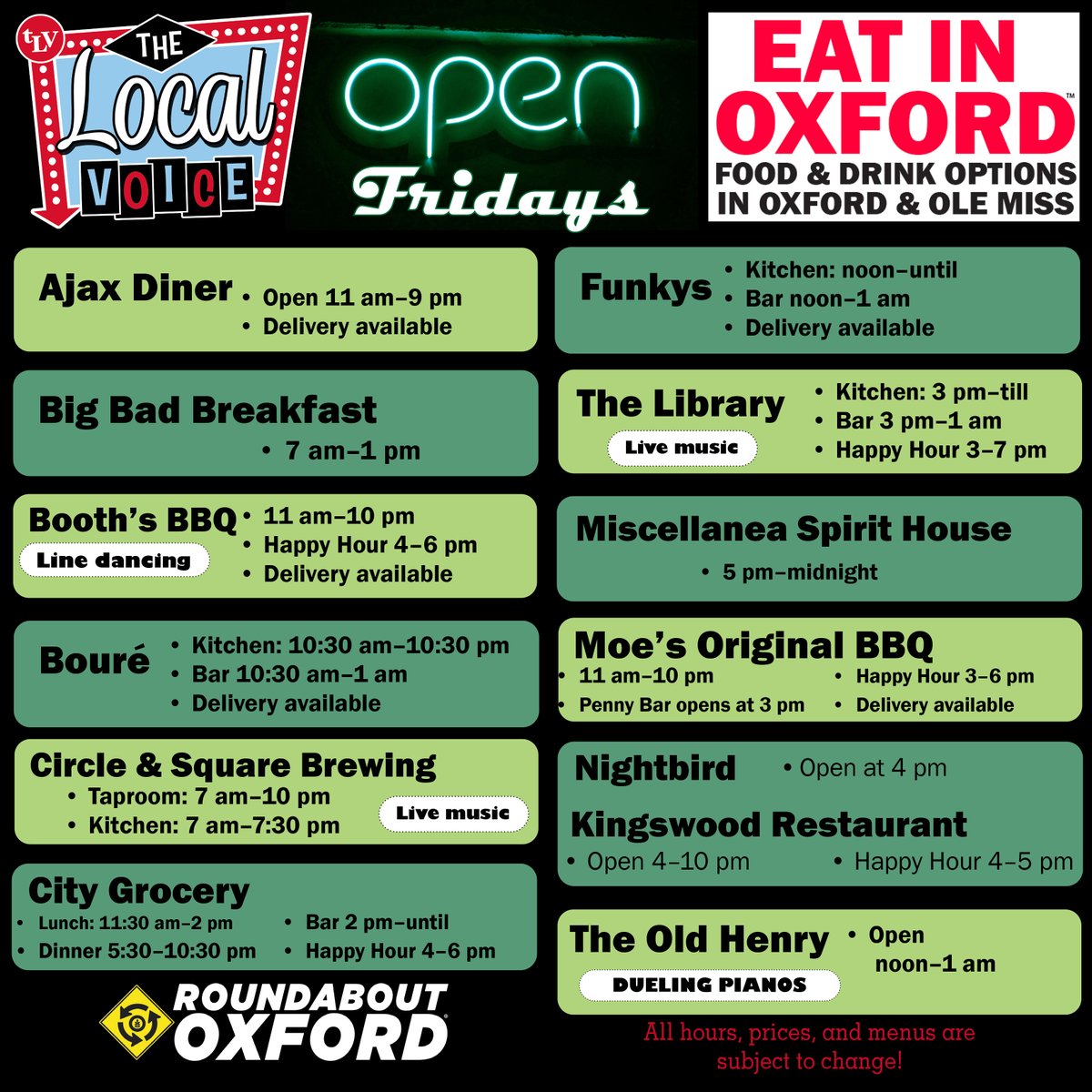 TheLocalVoice's tweet image. EAT IN OXFORD: Friday, November 21, 2025 Food and Drink Options + ROUNDABOUT OXFORD®: Entertainment in Oxford &amp;amp; Ole Miss

thelocalvoice.net/oxford/eat-in-…