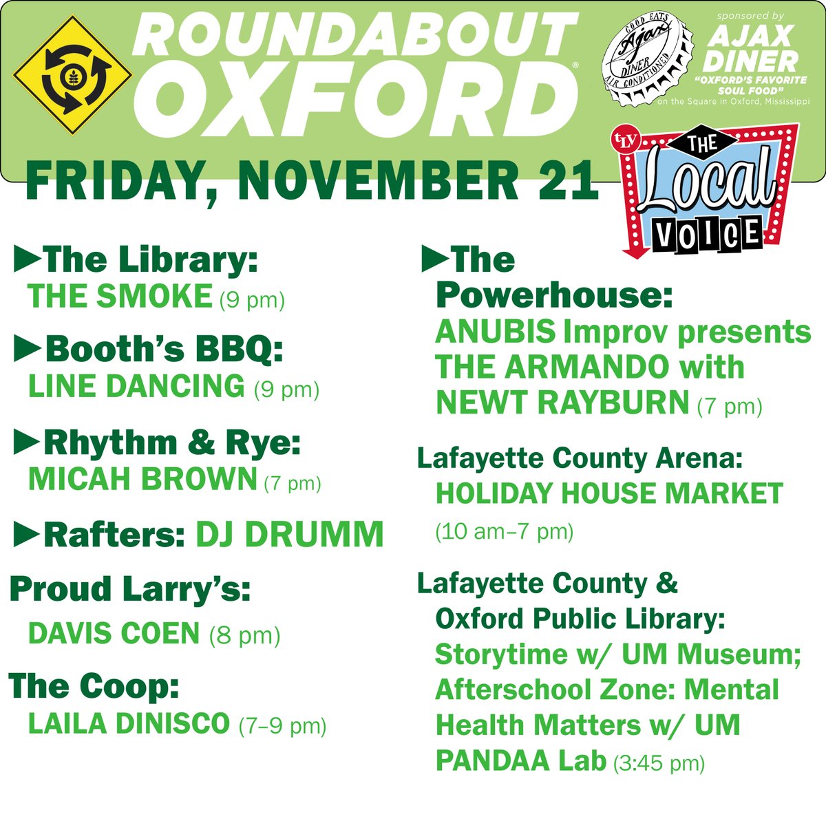 TheLocalVoice's tweet image. EAT IN OXFORD: Friday, November 21, 2025 Food and Drink Options + ROUNDABOUT OXFORD®: Entertainment in Oxford &amp;amp; Ole Miss

thelocalvoice.net/oxford/eat-in-…