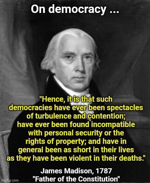 <a href="/AlexanderSoros/">Alex Soros</a> Democracy is evil, which is why our founders hated it and created something different. Democracy = mob rule = collective rights overrule the individual. Our system of government is the opposite. Individual rights overrule the collective.