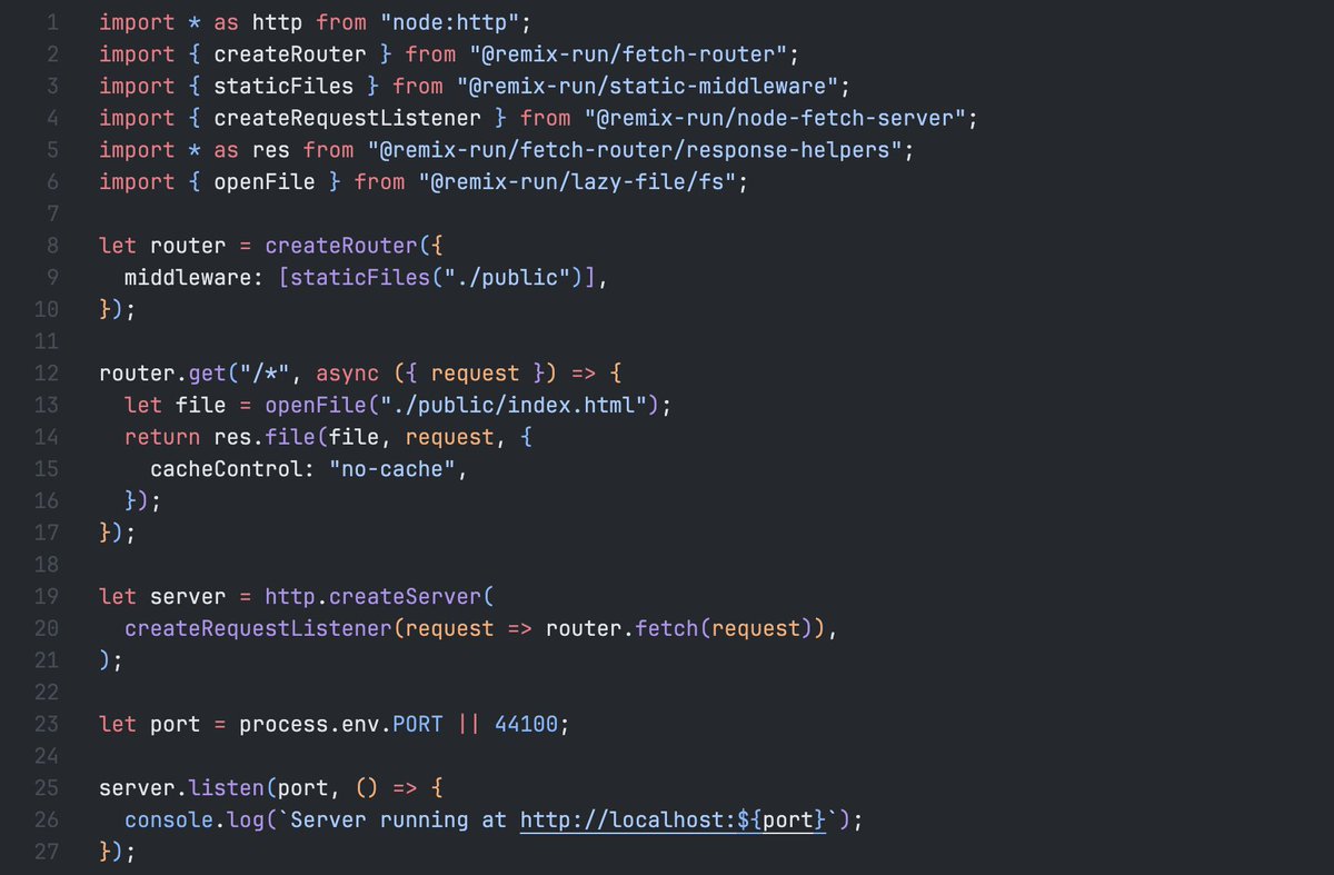 ryanflorence's tweet image. I&apos;m in love. A JavaScript server that serves static files out of a public directory and routes everything else to an index.html SPA style
