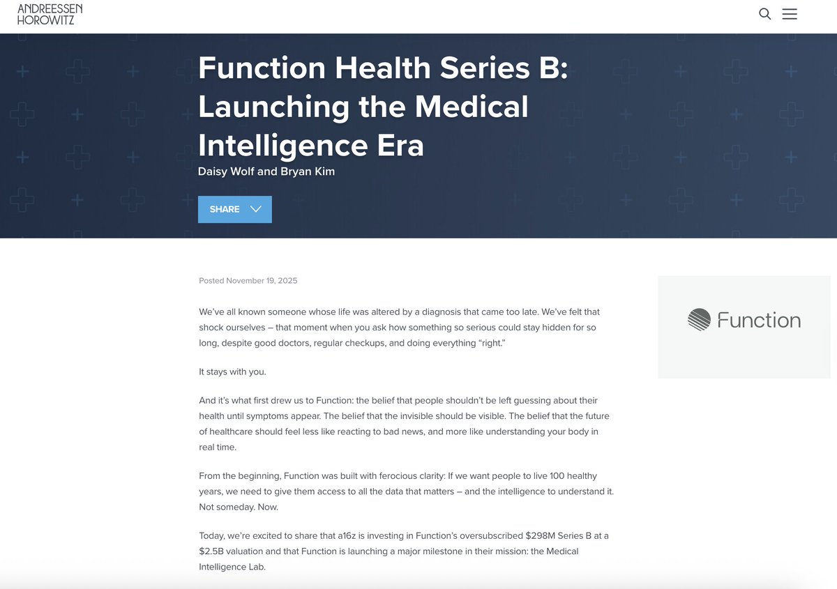 恭喜 @function 完成 2.98 亿美元的 B 轮融资，估值达到 25 亿美元！

我们非常高兴地欢迎@Redpoint 和 NFDG 加入公司。