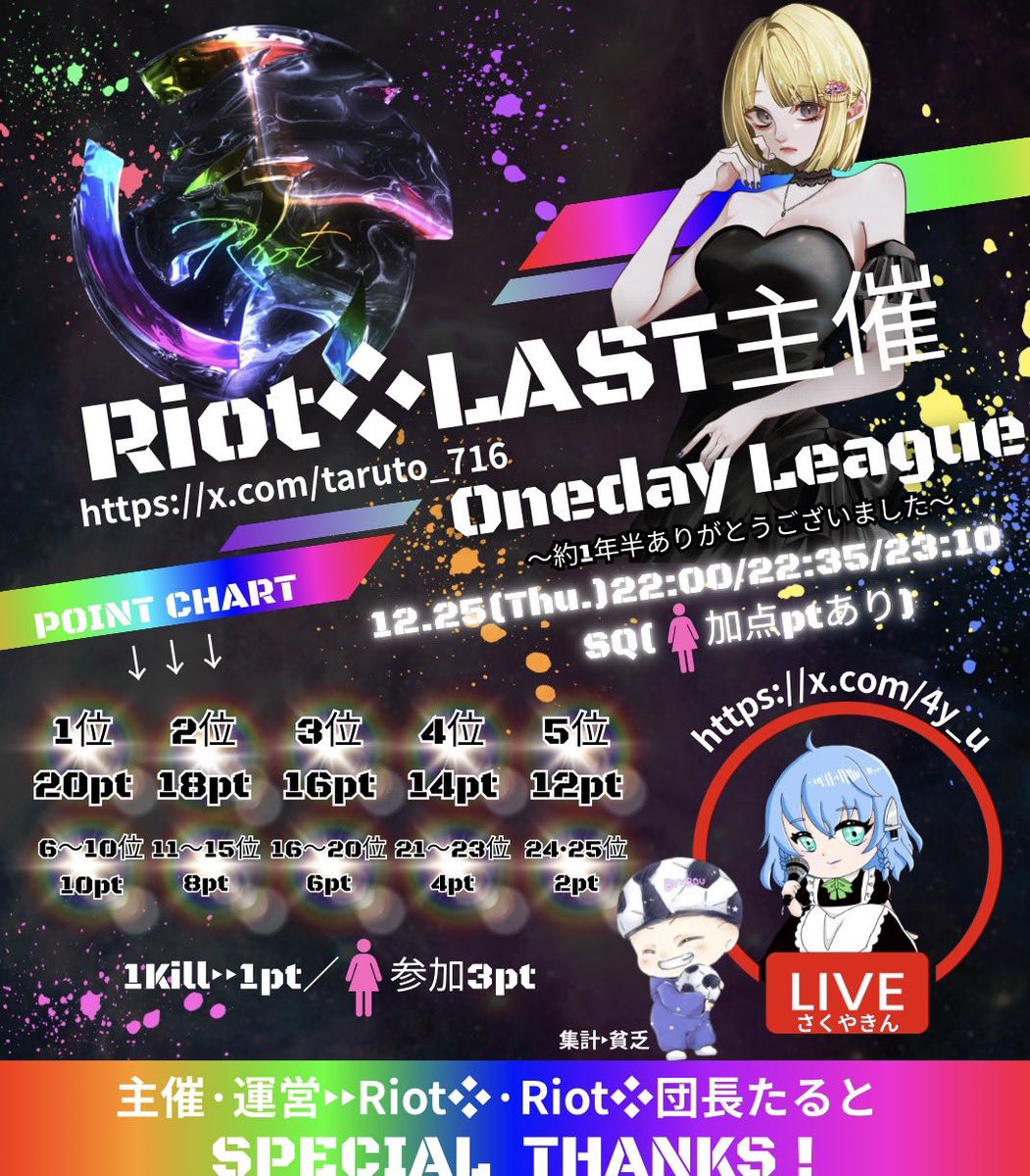 ♡ Riot❖ラスト主催Oneday League ♡
  ~約1年半ありがとうございました~

🎁12/25(木)22:00/22:35/23:10

🎄SQ(性別縛りなし、🚺加点ptあり)

🎅賞金総額未定

🌟条件▶︎当日の配信ツイ引用RT(全)

🦌✍️チーム名、🚹🚺荒野名ID、代表者ｱﾘﾅｼ

※完全招待制