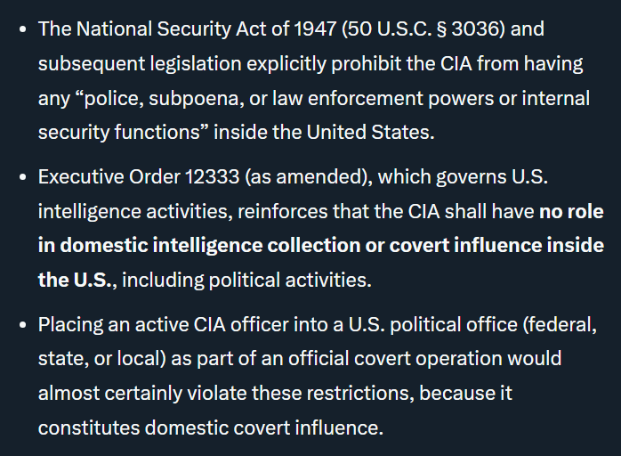 AwakenedOutlaw's tweet image. Elise Slotkin is both a Senator and, perhaps more importantly, widely believed to be a covert deep state CIA operative.

And no, this isn&apos;t legal.
______
Domestic Political Activity is Prohibited by Law: