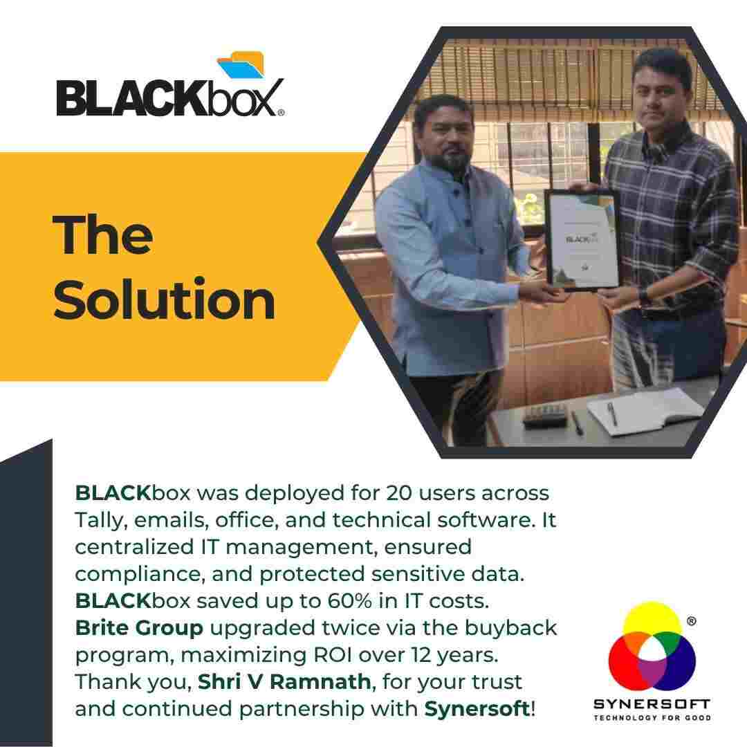 SynersoftTech's tweet image. Huge gratitude to Brite Proofings Pvt Ltd, the leader in industrial flooring, for reaching their 12th year with BLACKbox!

They achieved critical design data security, IT standardization, and 60% cost savings! 

Read: synersoft.in/case-study-bri…

#CustomerSuccess #12Years #BLACKbox