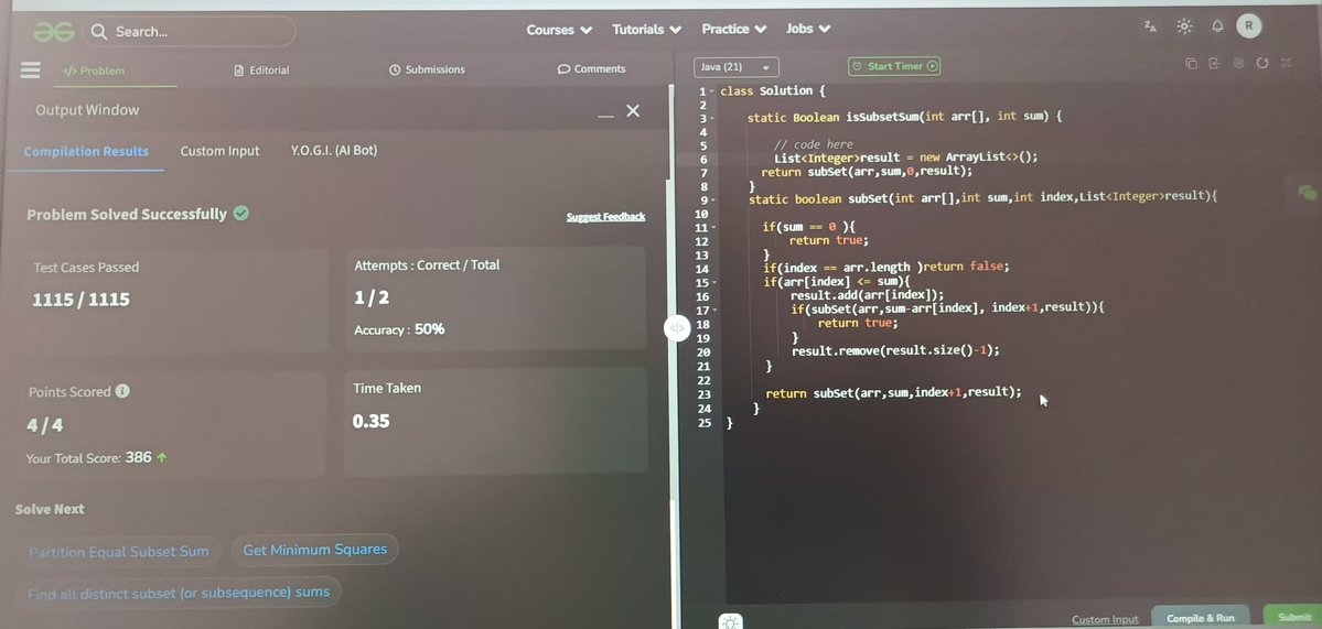 RohitKamble255's tweet image. Today&apos;s DSA: Solved the Subset Sum Problem using recursion. Medium level, but great learning! 🚀 #DSA #Recursion