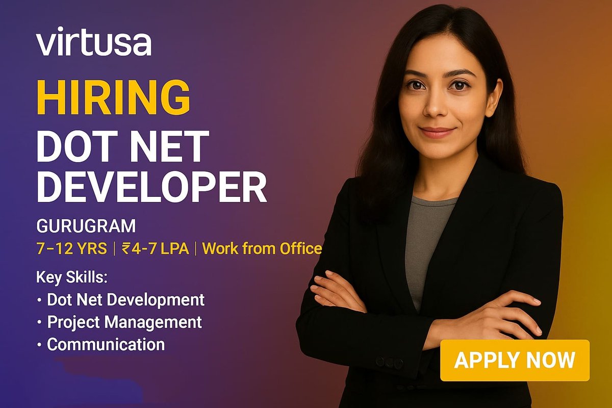 jobpe4u's tweet image. 💻 Join Virtusa as a Senior .NET Developer!  
📍 Gurugram  
💼 7–12 yrs | 💰 ₹4–7 LPA | Onsite  

Apply now 👉 JobPe.com  

#Virtusa #DotNetDeveloper #SeniorConsultant #TechJobs #HiringNow #GurugramJobs #JobPe
